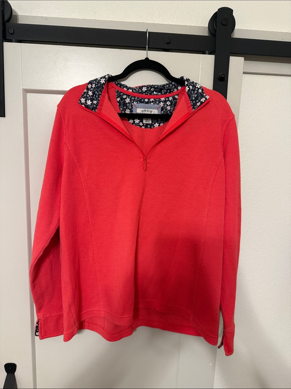 Orvis Coral Half-Zip Sweatshirt with Navy Floral Trim